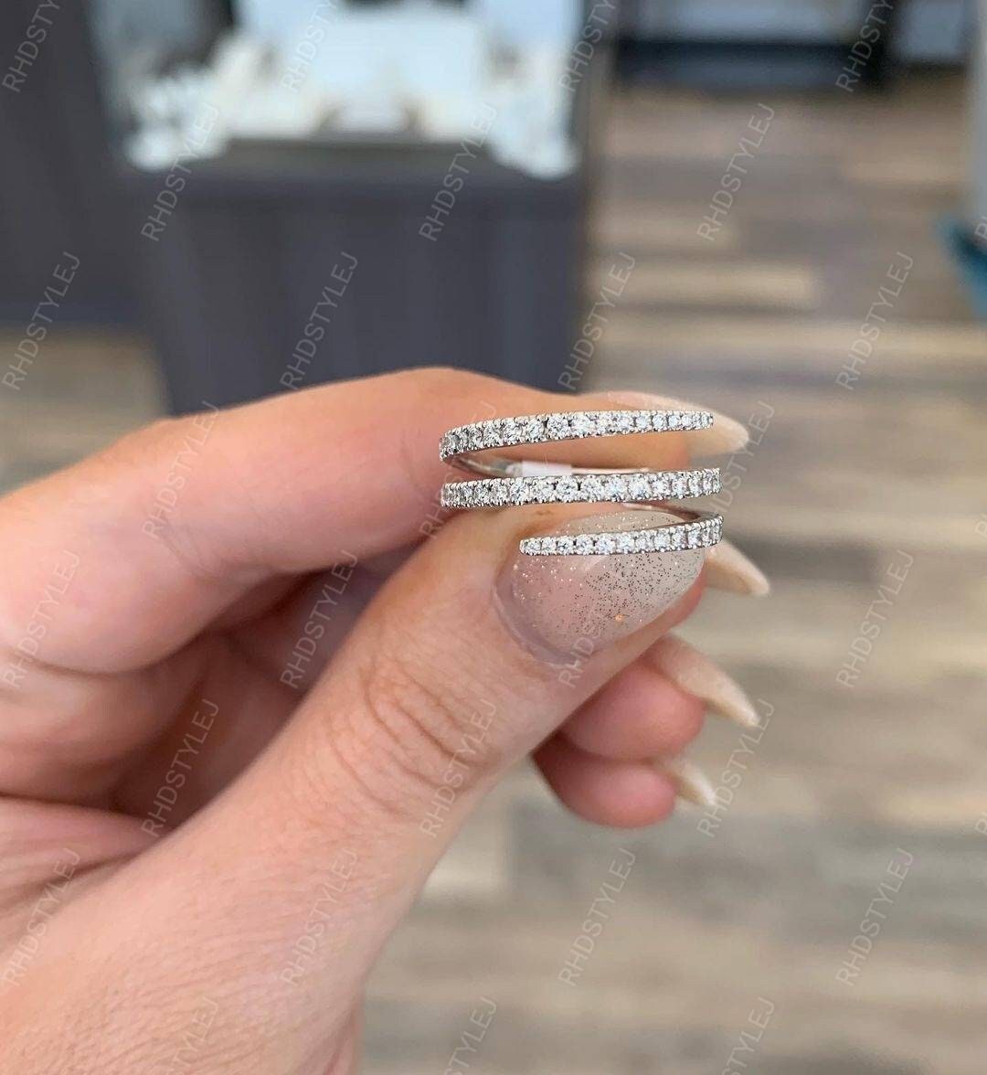Silver Spiral Wrap Ring Open Cuff Coil Ring Moissanite Diamond