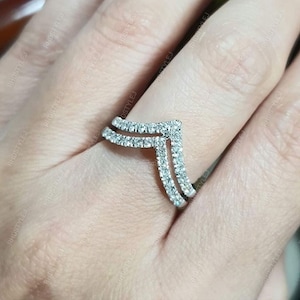 Double V Shaped Wedding Band, Chevron Wedding Bands Women, Moissanite Stackable Rings, Contour Anniversary Band, Bridal Matching Band