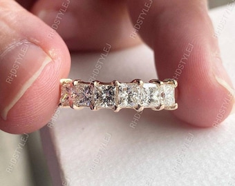 6 Stone Princess Cut Moissanite Band Ring, Princess Cut Wedding Band, Six Square Stone Anniversary Band, Gold Plated Silver Stackable Rings