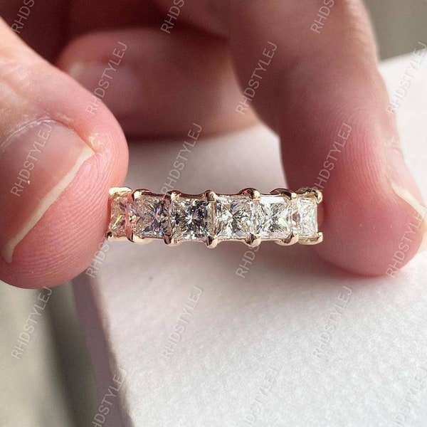 6 Stone Princess Cut Moissanite Band Ring, Princess Cut Wedding Band, Six Square Stone Anniversary Band, Gold Plated Silver Stackable Rings