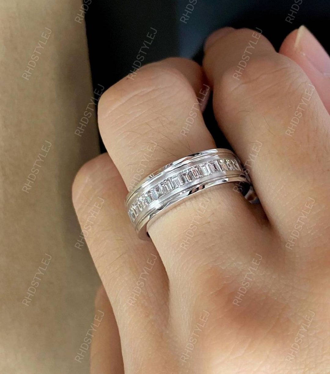 Channel Set Baguette Wedding Band 925 Silver Moissanite Anniversary 