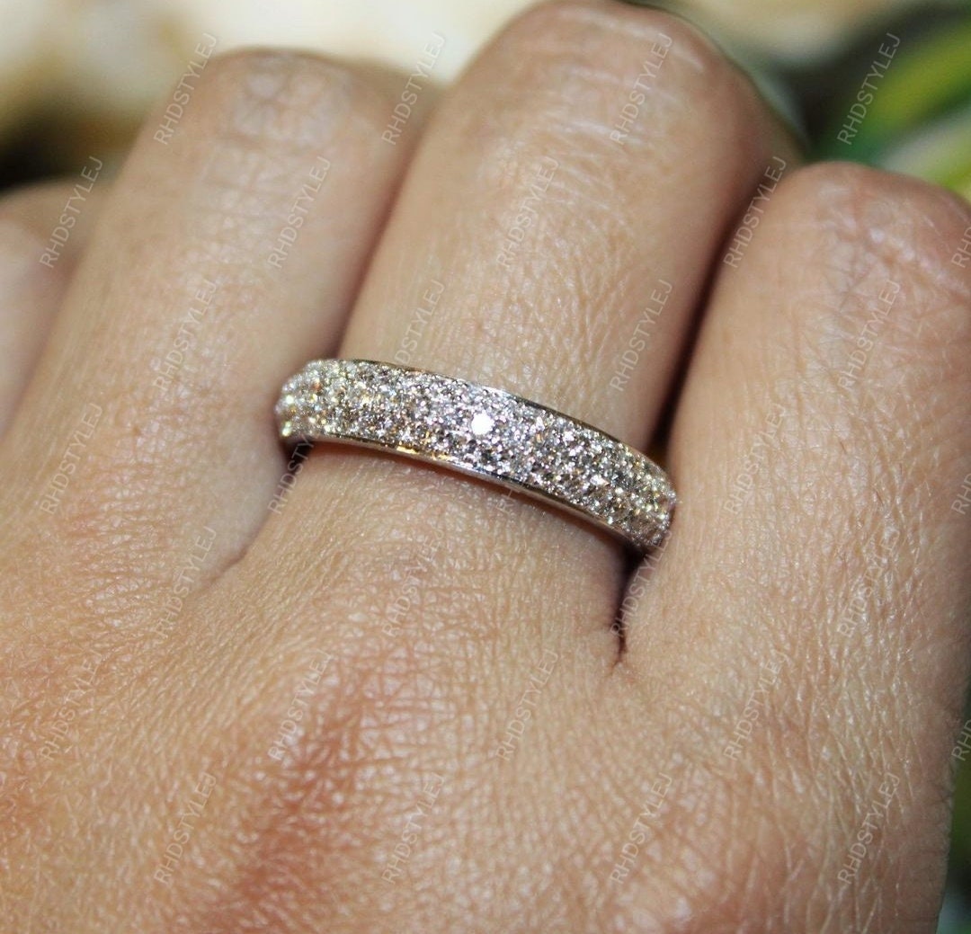 Micro Pave Set Moissanite Wedding Bands Women, 3/4 Pave Eternity Band, Triple Row Moissanite Diamond Band, Anniversary Stackable Rings