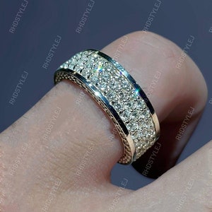 Men's Eternity Wedding Band, Micro Pave Set Diamond Band Ring, Moissanite Mens Wedding Band, Hip Hop Engagement Ring, Silver Promise Ring