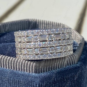 Five Row Wide Band Rings For Women, Round And Baguette Moissanite Anniversary Band, Silver Wide Wedding Band, Thick Diamond Engagement Band