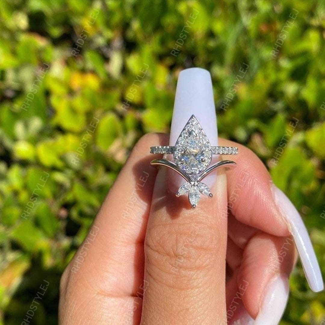 Wedding Ring Set for Women, Unique Halo Engagement Rings Sets, CZ Promise  Ring for Her, Antique Silver Ring Set, Nature Chevron Band 