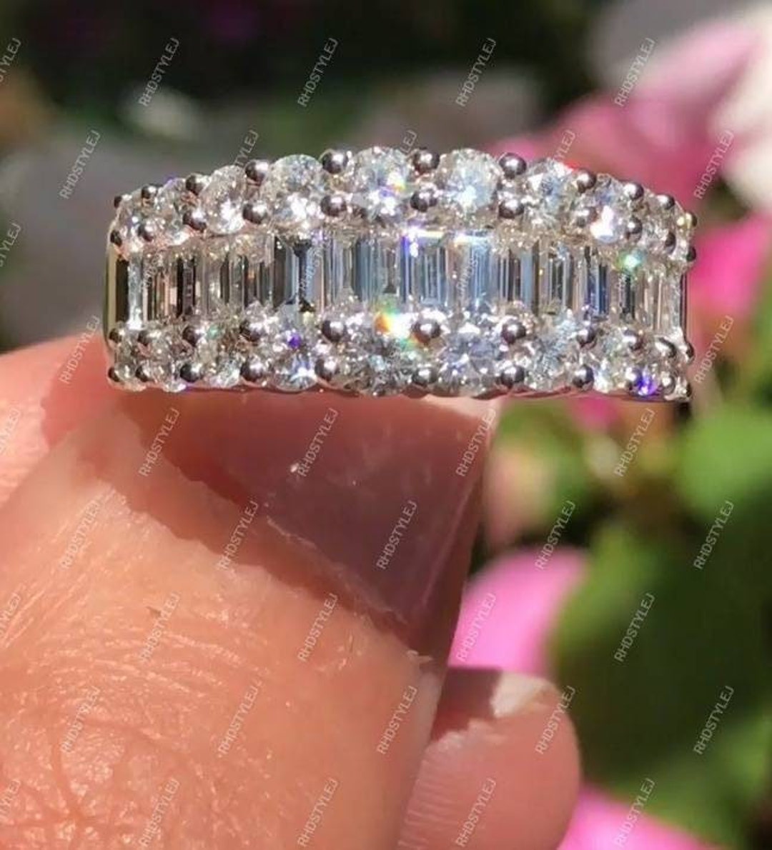 Baguette and Round Wide Wedding Band, Moissanite Thick Wedding Band