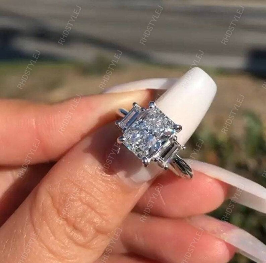 thumbnail image 2 of Sterling Silver 925 CZ 3-Stone Rectangle Engagement Ring – Emerald Cut – Sizes 4-10 2 of 3