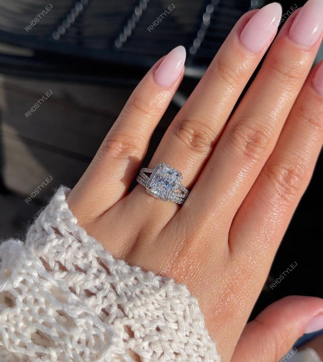 Split Shank Cushion Engagement Ring With Wedding Band 14k Bridal