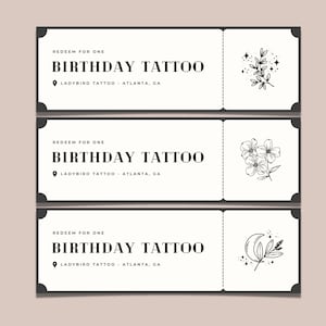 Plantilla de boleto de tatuaje, certificado de regalo de cupón personalizado, vale de regalo de bricolaje, cupones imprimibles, boleto de vale de regalo de cumpleaños de tatuaje sorpresa