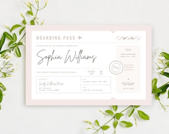 Bridal Shower Invitation Travel Theme, Boarding Pass Destination Wedding Bridal Shower, Blush Pink Brunch Invite