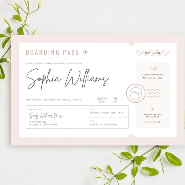 Bridal Shower Invitation Travel Theme, Boarding Pass Destination Wedding Bridal Shower, Blush Pink Brunch Invite