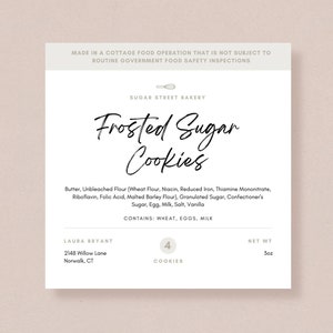 Editable Cottage Law Labels Template, Food License Label for Home Bakery Business. Sugar Cookie Ingredients Label. Square Bakery Stickers