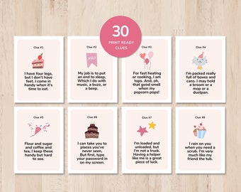 Búsqueda del tesoro de cumpleaños, acertijos de cumpleaños, tarjeta de pista de búsqueda del tesoro de cumpleaños interior imprimible para fiesta de niños, acertijos de búsqueda editables para niña