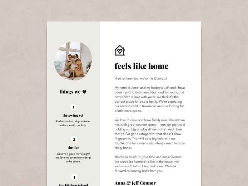 Home offer letter, buyer offer letter for a letter to seller we love your home real estate letter. Editable home buyer personalized letter image 1