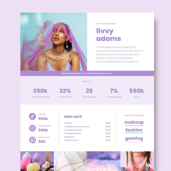 Tiktok media kit template. One page influencer press kit with rate sheet for Instagram or twitch influencer. Editable Canva for social media