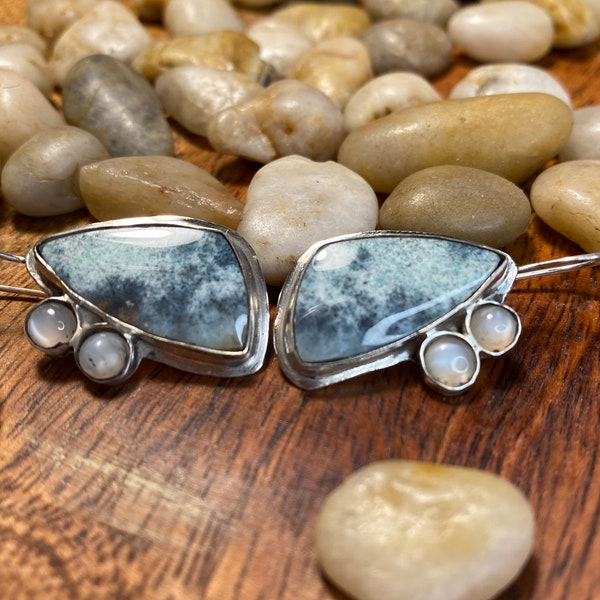 Cloud Blue Opalized Wood and Moonstone Sterling Silver Earrings