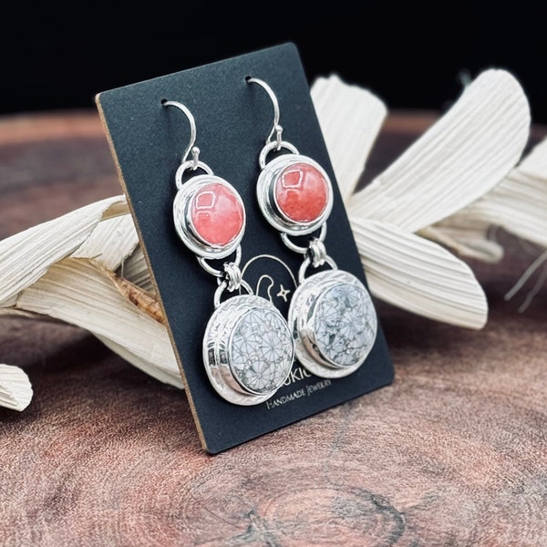 Fossilized Coral and Rhodochrosite Sterling Silver Earrings