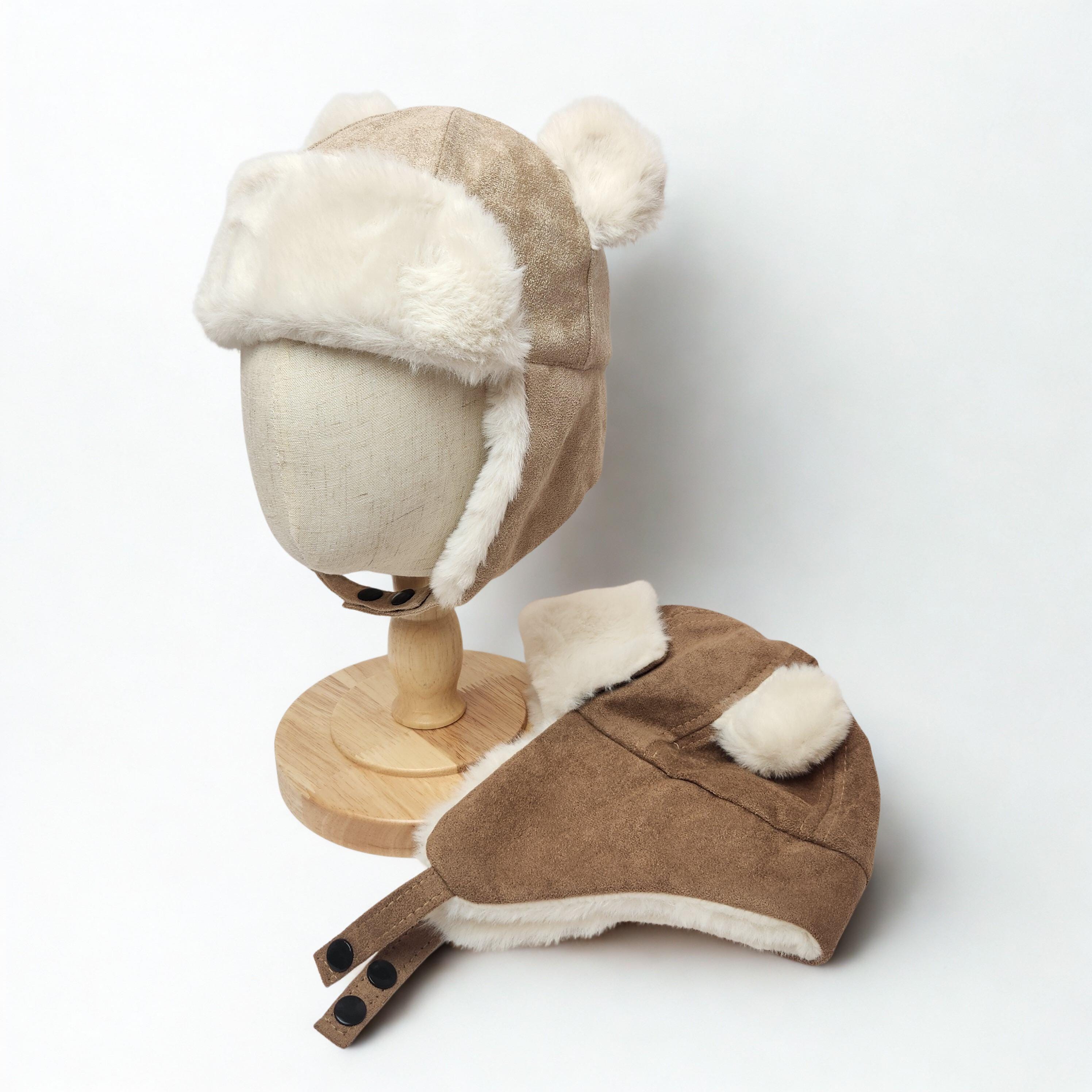 Toddler Suede Trapper Hat, Faux Fur Winter Earflap, Bear Aviator Style