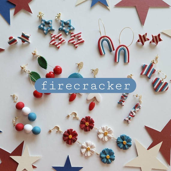 Handmade Polymer Clay Earrings: Patriotic Stars, Cherries, Flowers (Nickel Free)