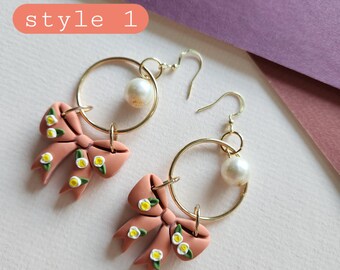 Handmade Polymer Clay Earrings: Fall Bows, Autumn Earrings, Flowers (Nickel Free)
