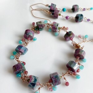 Rose Gold Filled Bracelet with Gemstones/Ruby Kyanite, Amazonite and Tourmaline Magnetic Clasp Bracelet/ Artisan Gift for women