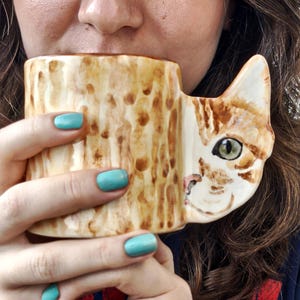 Handmade Ginger Cat Mug- 200 ml-Ceramic Coffee Cup with Cat Ear Handle - Cute Gift For Cat Lovers