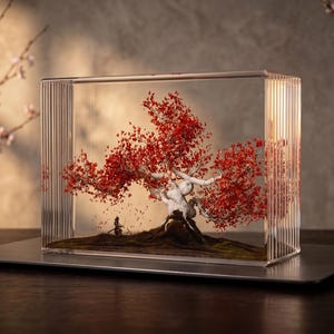 Diorama de resina de samurái de arce rojo - Escultura de arte bonsái japonés - Lámpara nocturna de árbol otoñal - Decoración de escritorio zen - Regalo único para amantes de Japón