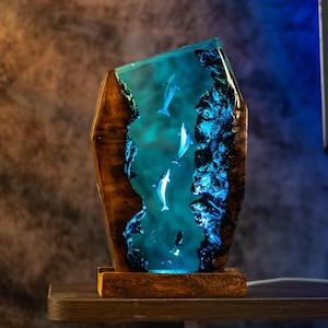 Dolphins & Diver Resin Lamp Ocean, Ocean Gift, Handmade Bedside Nightlight, Resin Art Lamp, Epoxy Resin Wood Light Lamp, Gift for Mom, Dad