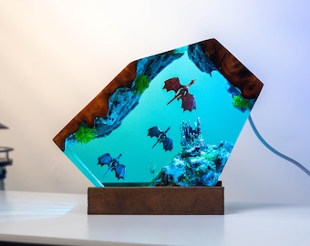 Luce notturna in resina epossidica Fire Dargon Ice Dragon, lampada da tavolo in resina di legno fatta a mano, lampada in resina personalizzata, regali di compleanno