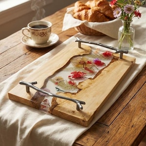 Personalized Epoxy Resin Charcuterie Board with Pressed Flowers - Wood Serving Tray with Handles - Custom Gift for Wife, Mom, Anniversary