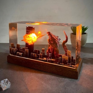 Monster in de stad epoxylamp, Atomic Breath Resin-lamp, gigantisch monsterfiguur, terrarium gepersonaliseerd nachtlampje, diorama gamingdecor