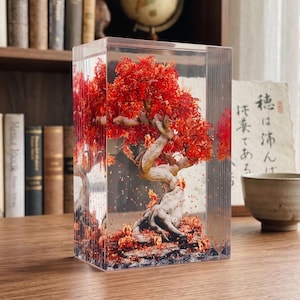 May include: A rectangular clear resin block containing a miniature bonsai tree with a twisted, light-colored trunk and vibrant red foliage. Small red leaves are scattered at the base of the tree within the transparent material, creating a preserved autumn scene.