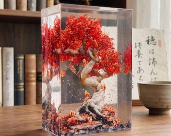 3D Autumn Maple Bonsai Resin Block Decor, Layered Acrylic Tree Diorama, Fall Leaf Tabletop Sculpture, Zen Office Desk Accessory Gift