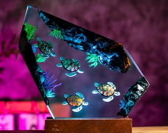 Sea Turtles & Coral Epoxy Resin Night Light, Marine Life Lamp, Coral Beauty Lamp, Ocean Creatures Glow, Unique Resin Art Gift