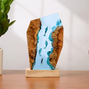 Dolphin and Diver Night light, Epoxy Resin Wood Lamp, Home decor, Baby night light, Christmas Winter Gifts for Him