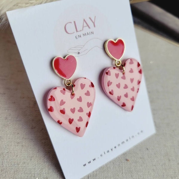 polymer clay earrings, dangle earrings, heart earrings, gifts for her, valentines gift, valentine clay earrings, valentines day, galentines