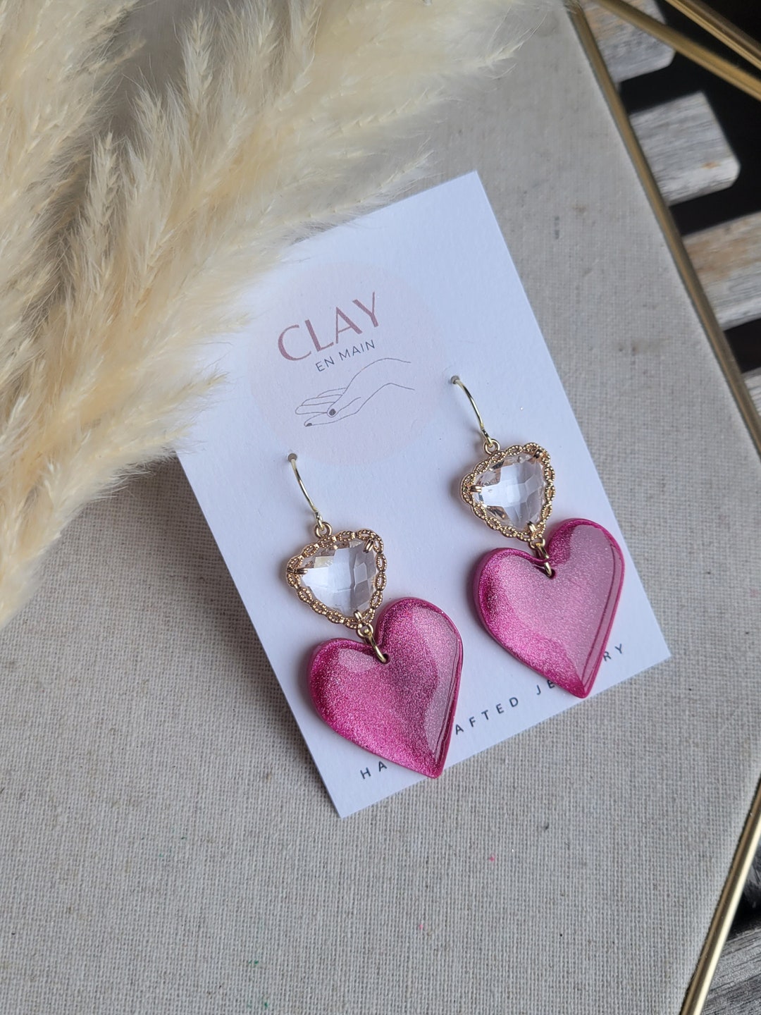 Handmade Polymer Clay Earrings, Valentines Earrings, Crystal Pink Earring, Fuschia Heart ...