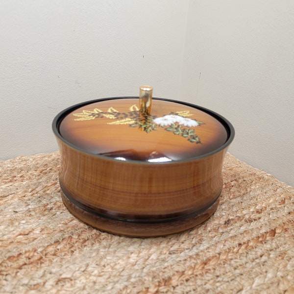 Japanese Lacquer (lacquerware) Lidded Box, Brown Wood Like Texture with Floral Design Relief and Gold Knob, Vintage Home Accent Decor