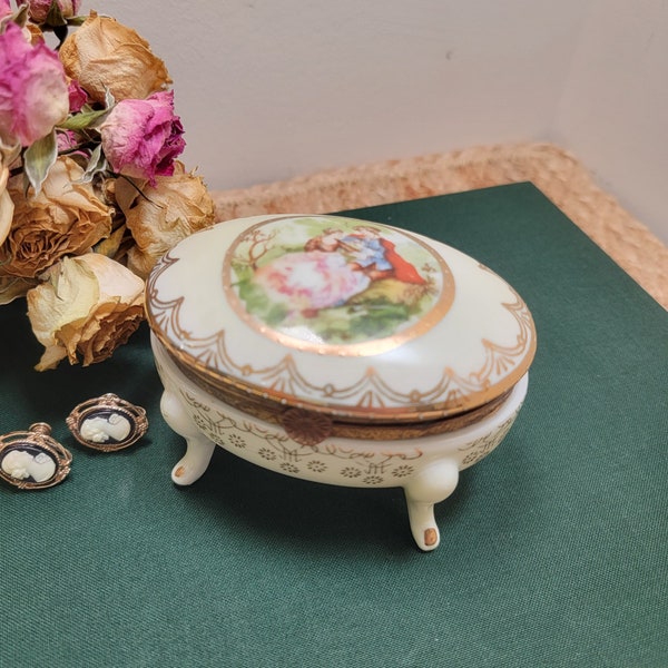 Vintage Arnart Hand Decorated Hinged Porcelain Trinket Box, Victorian Courting Couple Motif Footed Trinket Box, Vintage Vanity Décor Accent