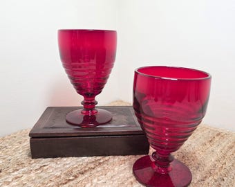 Set of 2 Ruby Red Paden City Penny Line Goblets, Pop of Color Decor Accent, Art Deco Glassware, Vintage Kitchen Decor, Retro Barware