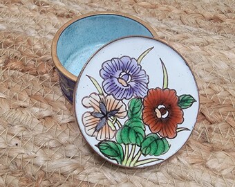 Vintage Enameled Lidded Trinket Box, Floral Round Pill Box, Vintage Boho Décor Accent