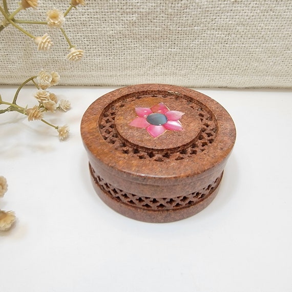 Vintage Soapstone and Pink Flower Inlay Trinket Bo