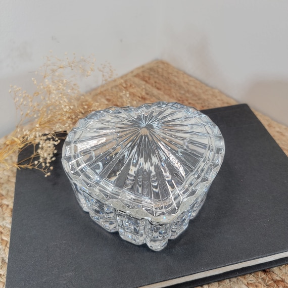 Vintage Heart Shape Crystal Lidded Trinket Box, V… - image 1