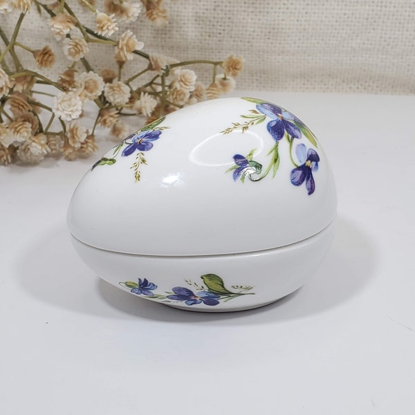 Vintage Egg Shaped Trinket Box, Purple Floral Porcelain Crown Staffordshire England Trinket Box, Vanity Décor, Vintage Cottagecore Décor