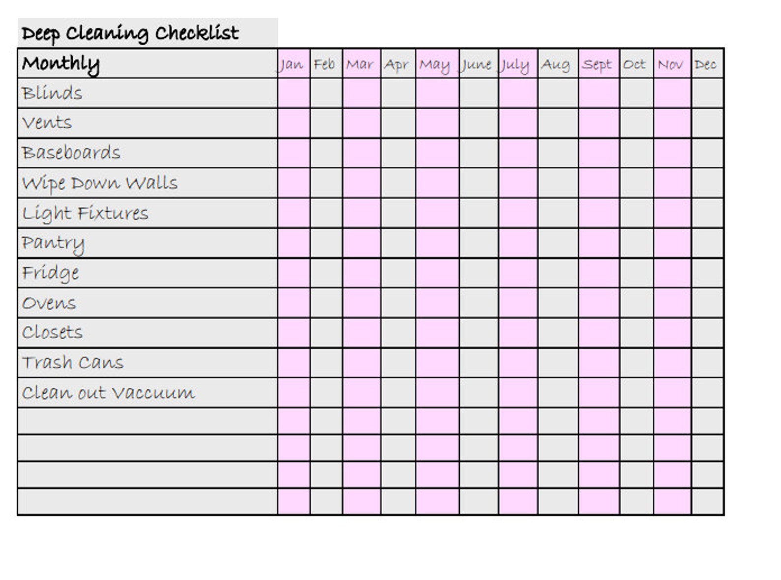 Weekly Cleaning Checklist, Monthly Cleaning Checklist, Bi-yearly ...
