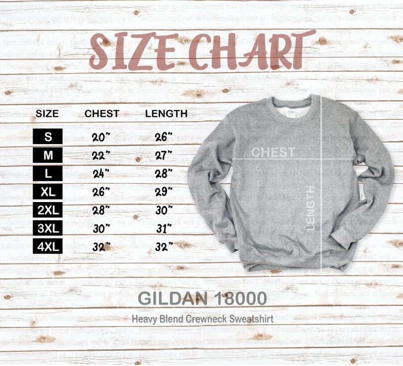 May include: Size chart for a Gildan 18000 heavy blend crewneck sweatshirt. The chart shows sizes from S to 4XL with corresponding chest and length measurements in inches.