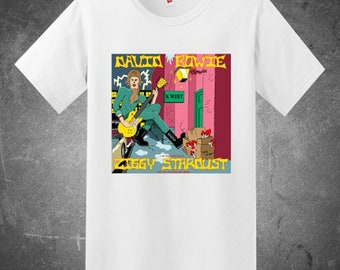 Best verkopende David Bowie en Ziggy Stardust Album Heavy Cotton Men's Unisex Tshirt Maat Usa