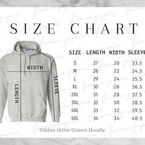 May include: Size chart for a Gildan 18500 Unisex Hoodie. The chart shows the length, width, and sleeve length in inches for sizes S through 5XL.
