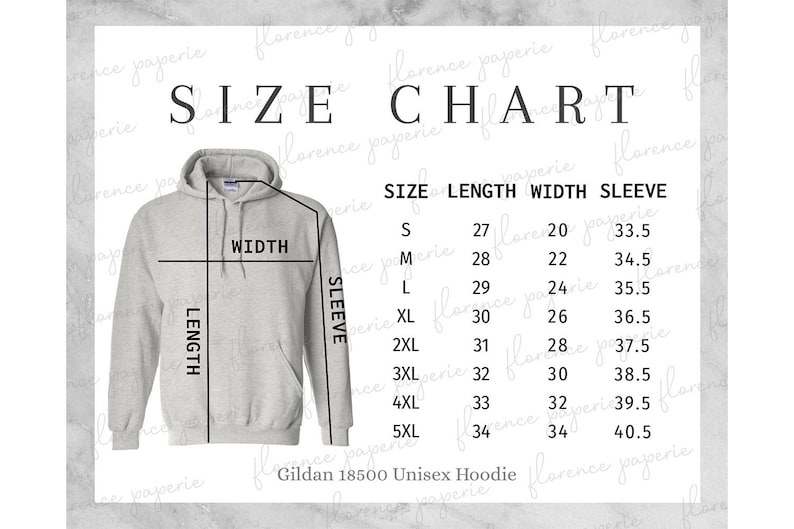 May include: Size chart for a Gildan 18500 Unisex Hoodie. The chart shows the length, width, and sleeve length in inches for sizes S through 5XL.