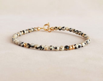 Ava&Imber - Sparkling Dalmatian Jasper Bracelet - 3MM Faceted Beaded Chain with Gold Stainless Steel for Women